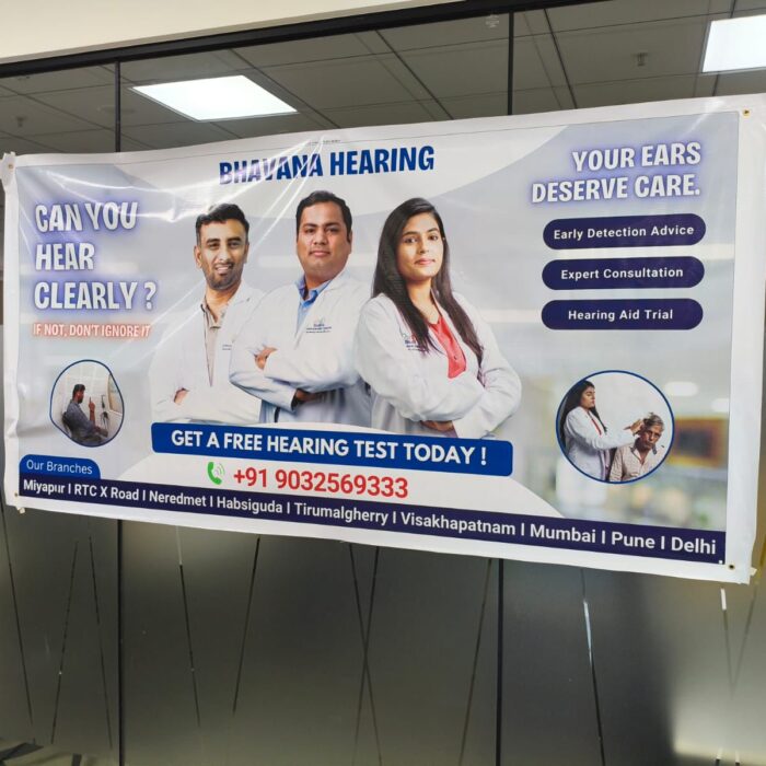 “Community free hearing camp providing hearing tests and audiology consultations.”